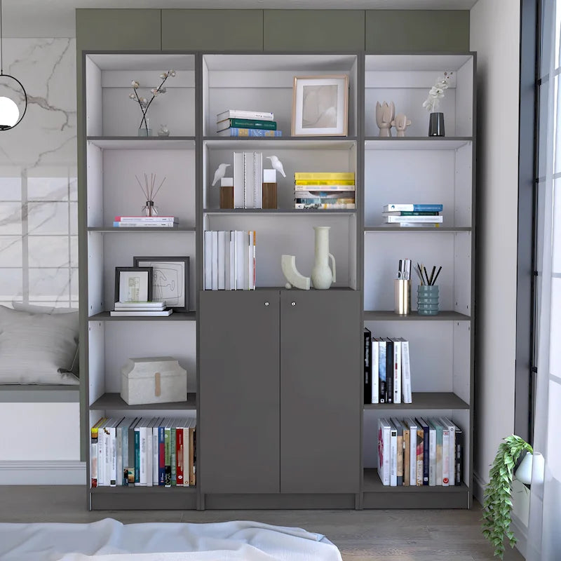 Bibliothèque avec 5 étagères et rangement 60 de large gris mat - blanc