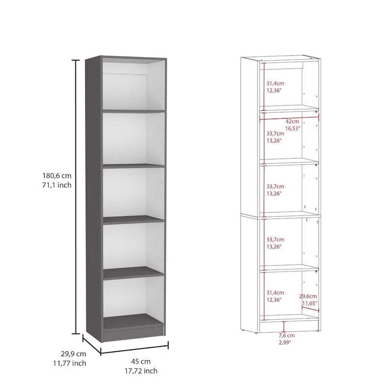 Bibliothèque avec 5 étagères et rangement 60 de large gris mat - blanc