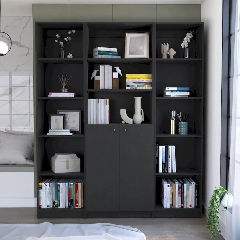 Bibliothèque avec 5 étagères et rangement 60 de large gris mat - blanc