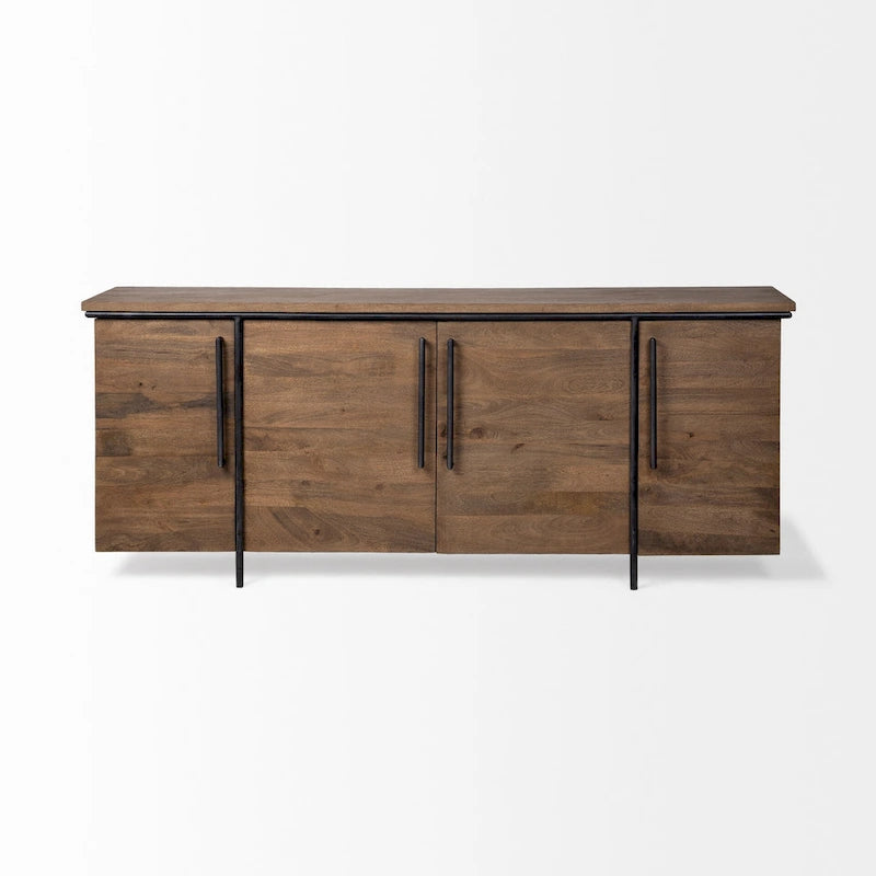 Buffet bas 4 portes en bois massif marron avec accent en métal noir – 80,0L x 19,0P x 33,0H