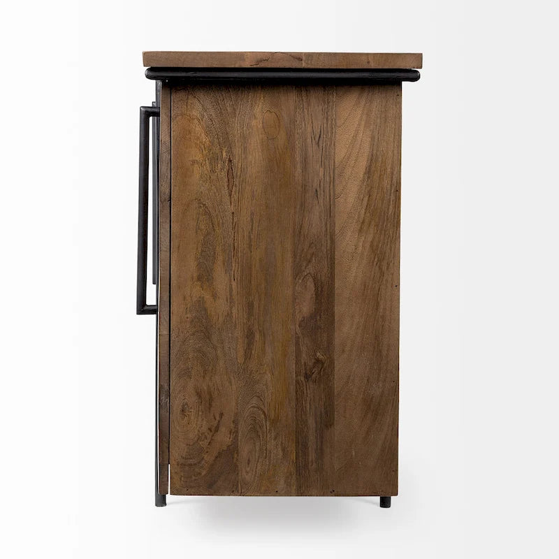 Buffet bas 4 portes en bois massif marron avec accent en métal noir – 80,0L x 19,0P x 33,0H