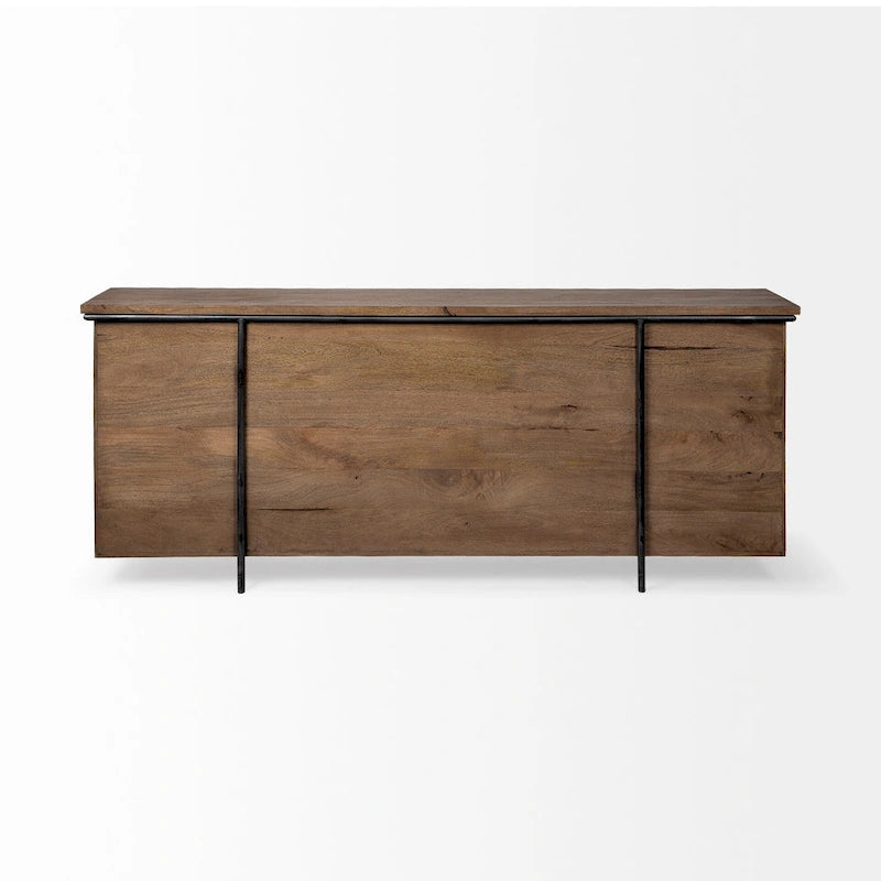 Buffet bas 4 portes en bois massif marron avec accent en métal noir – 80,0L x 19,0P x 33,0H