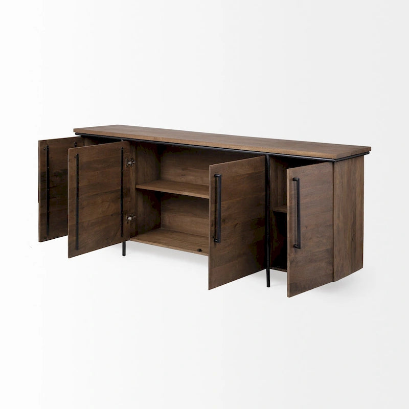 Buffet bas 4 portes en bois massif marron avec accent en métal noir – 80,0L x 19,0P x 33,0H