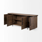 Buffet bas 4 portes en bois massif marron avec accent en métal noir – 80,0L x 19,0P x 33,0H