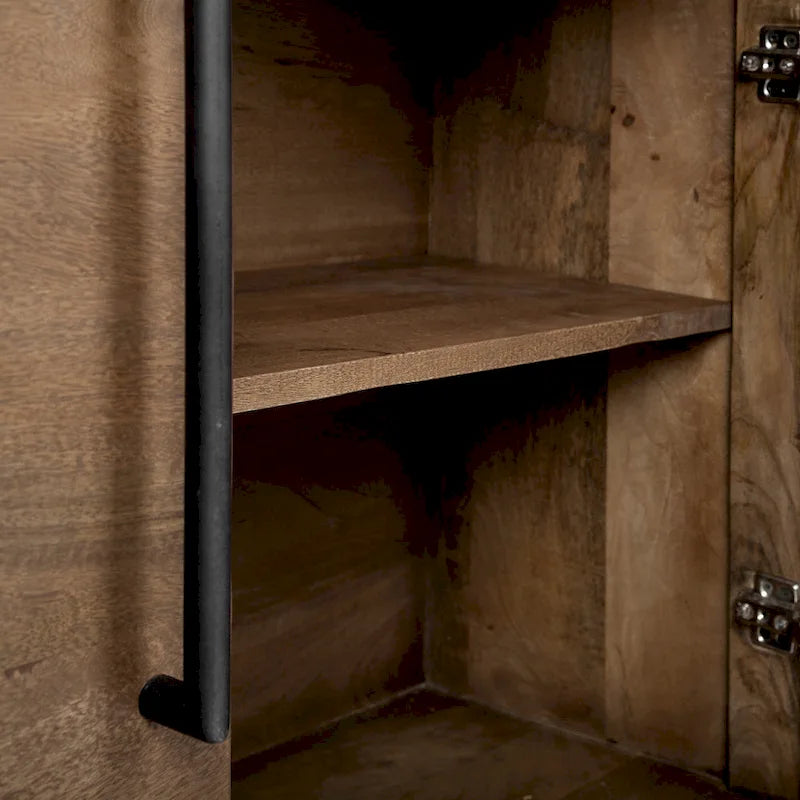 Buffet bas 4 portes en bois massif marron avec accent en métal noir – 80,0L x 19,0P x 33,0H