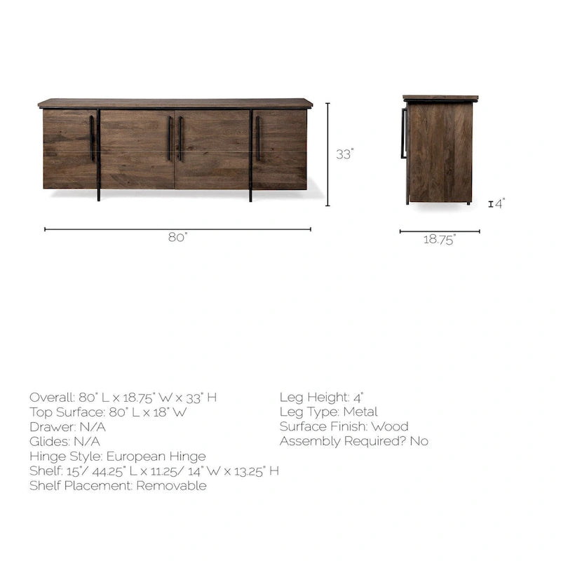 Buffet bas 4 portes en bois massif marron avec accent en métal noir – 80,0L x 19,0P x 33,0H