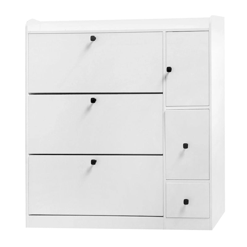 Meuble à chaussures polyvalent avec 3 tiroirs basculants et un siège rabattable