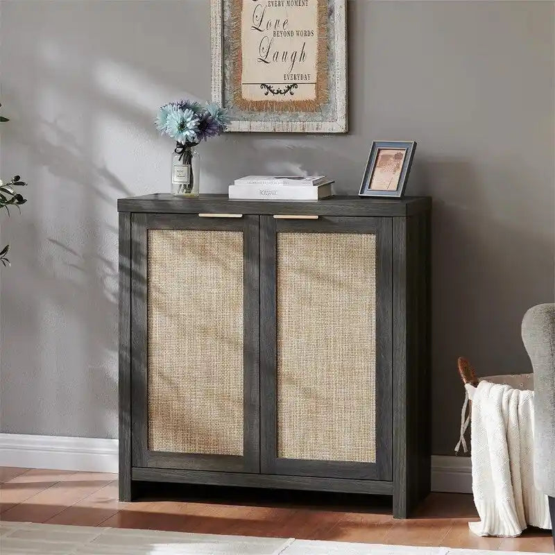 Dark wooden cabinet with rattan doors in a room setting.