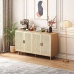 Armoire de rangement autoportante décorative en rotin à 4 portes