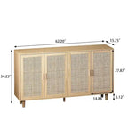 Armoire de rangement autoportante décorative en rotin à 4 portes