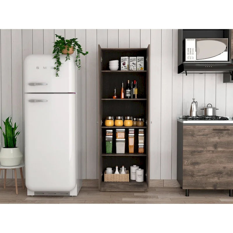 Meuble de rangement, cinq étagères, finition wengé marron foncé / noir, haute qualité et durable