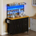 Grand îlot de cuisine roulant avec prise de courant et lumière LED, armoire de rangement avec étagère haute